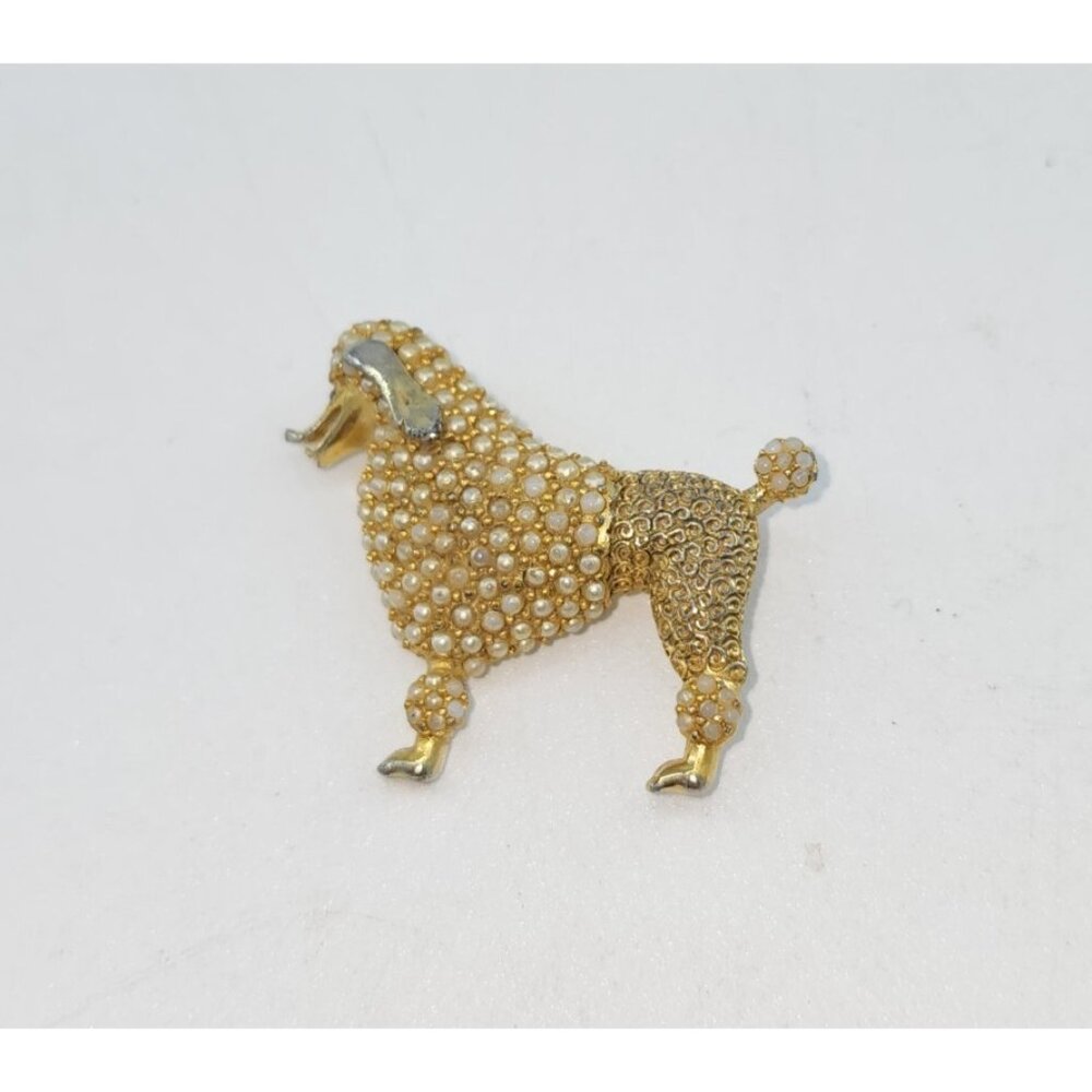 Vtg RARE Signed Ciner Gold‎ Toned Poodle Dog Brooch Pin Faux Seed Pearl Stones